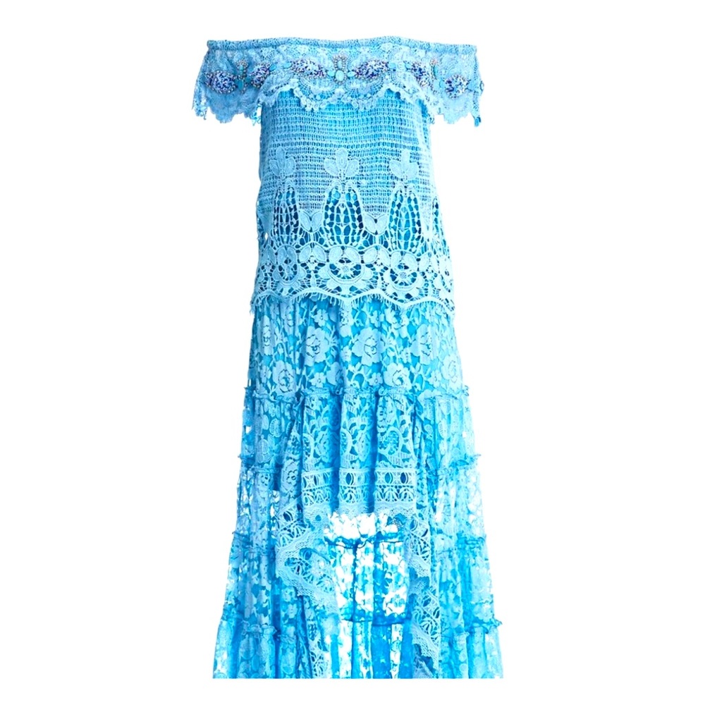 Blue Lace & Crochet High Low Dress with Beautiful Beaded off shoulder flounce